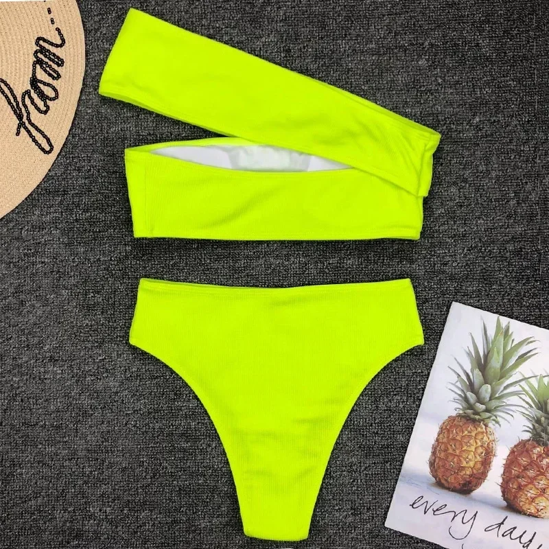 Asymmetrische geribbelde hoge taille bikini dames badpak één schouder badmode vrouwelijke bikini set bader badpak zwemstrandkleding