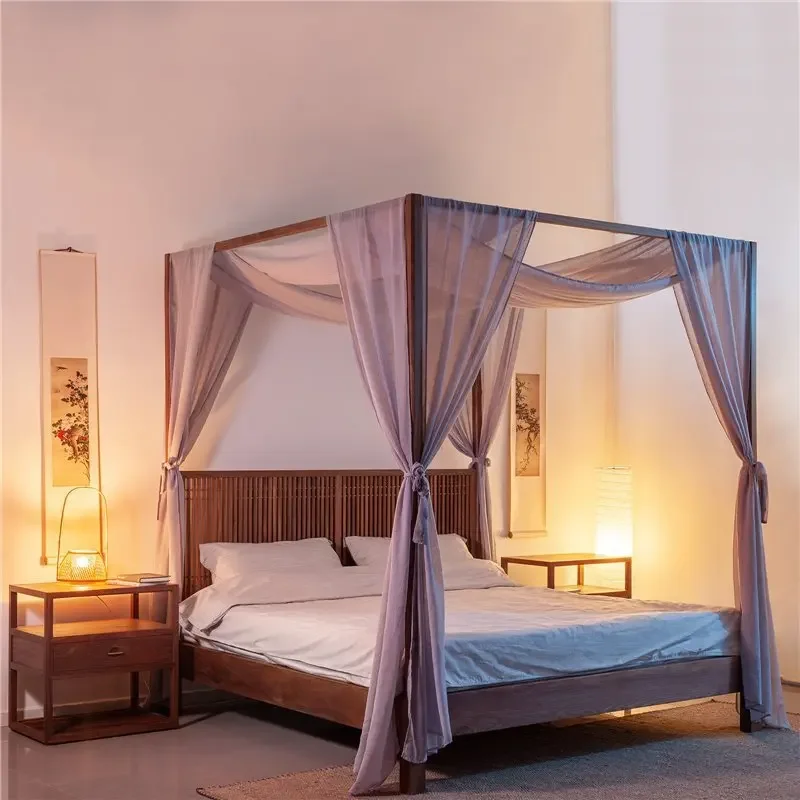 سرير مزدوج جديد من الخشب الصلب بالكامل على الطراز الصيني، وغرفة نوم رئيسية، وسرير رف بسيط وحديث