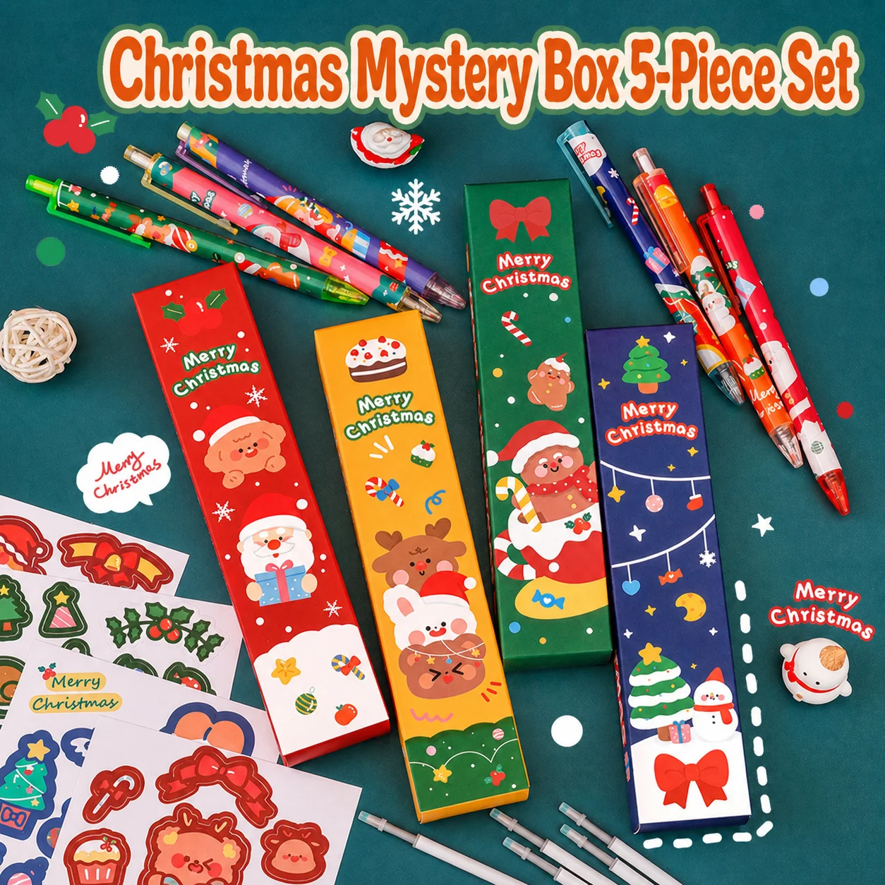 2026 Christmas Themed 5-Piece Stationery Set Cute Cartoon Gel Pen Kit With Stickers For Students Gift School Office Suppliers