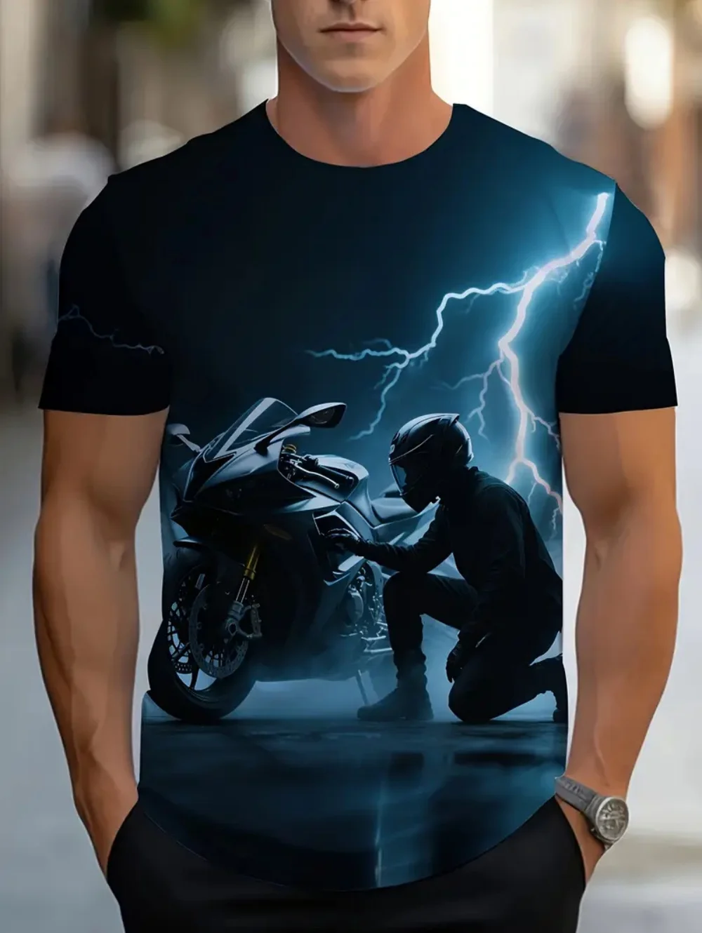 Vintage Herren-T-Shirts mit Motorrad-Print, Grafik-T-Shirts mit Motorfahrzeug-Motiv, Sommermode, lässige Streetwear, Oversize-Herrenbekleidung – Detail 3