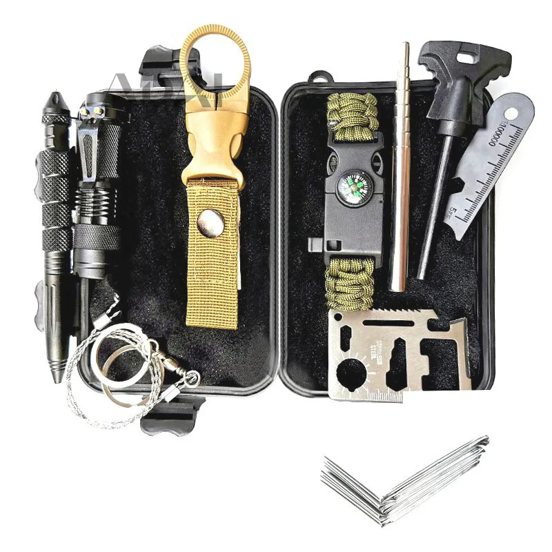 Equipo de supervivencia en la naturaleza, kit de emergencia de autodefensa para aventuras montado en vehículos, botiquín de primeros auxilios 14 en 1