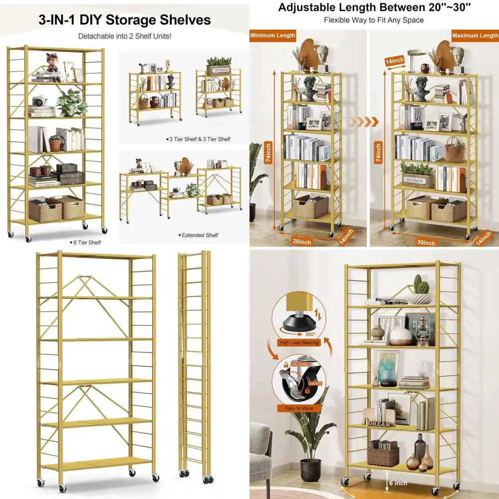 

Expandable Adjustable Metal Storage Shelves with Wheels, Convertible into 2 Units, for Books, Kitchen, Garage, Basement, Gold
