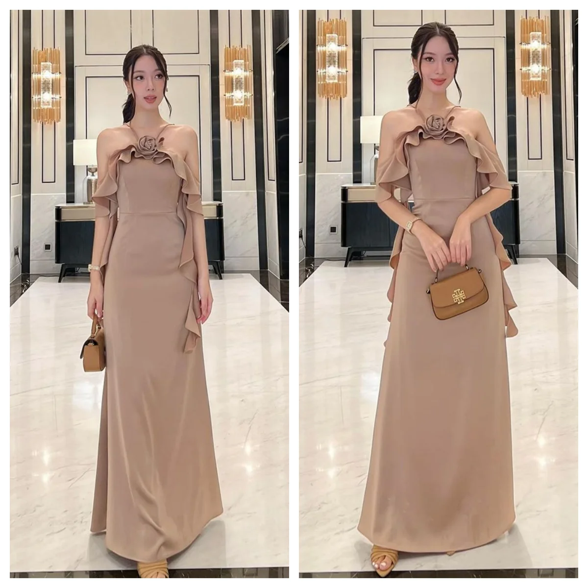 Customized Classic Jersey Halter Sleeveless Evening Dress Elegant Straight Floor Length Flowers Ruched Special Occasion Gowns