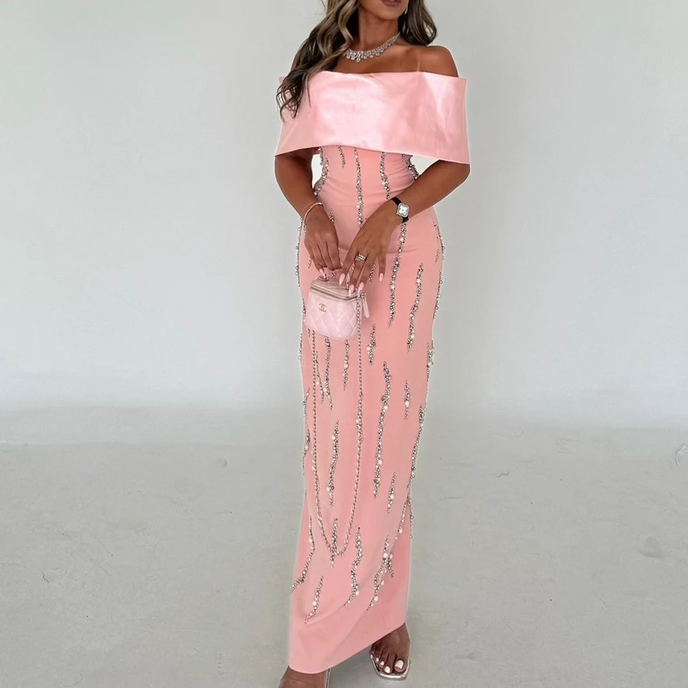 

Customized High Quality Crystal Pearls Jersey Off The Shoulder Evening Dress Exquisite Floor Length Boat Neck فساتين سهره نسائيه