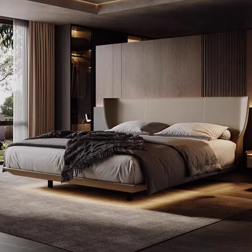 *Italian Minimalist Saddle Leather  Suspended  Master room Large  Ultra-thin Headboard Double  Minimalist Edge
