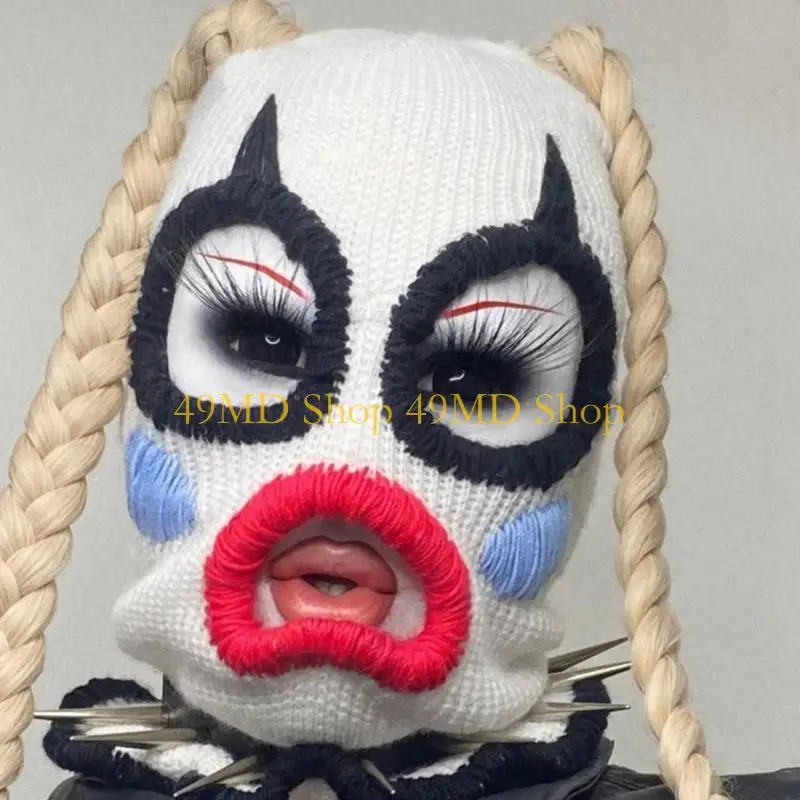 49MD Scary Balaclava Hat Horrid Skull Cap Crocheted Hat for Women Men Cosplay Clown