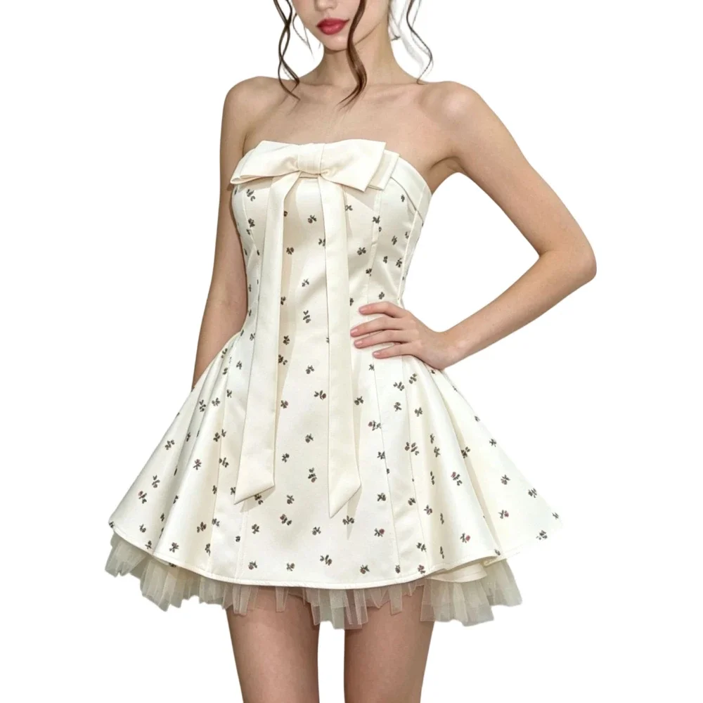 

Fashionable Elegant Rose Floral Mini Dress Sexy Strapless Big Bow Gown Retro Birthday Party Puffy Wedding Guest Short Dress