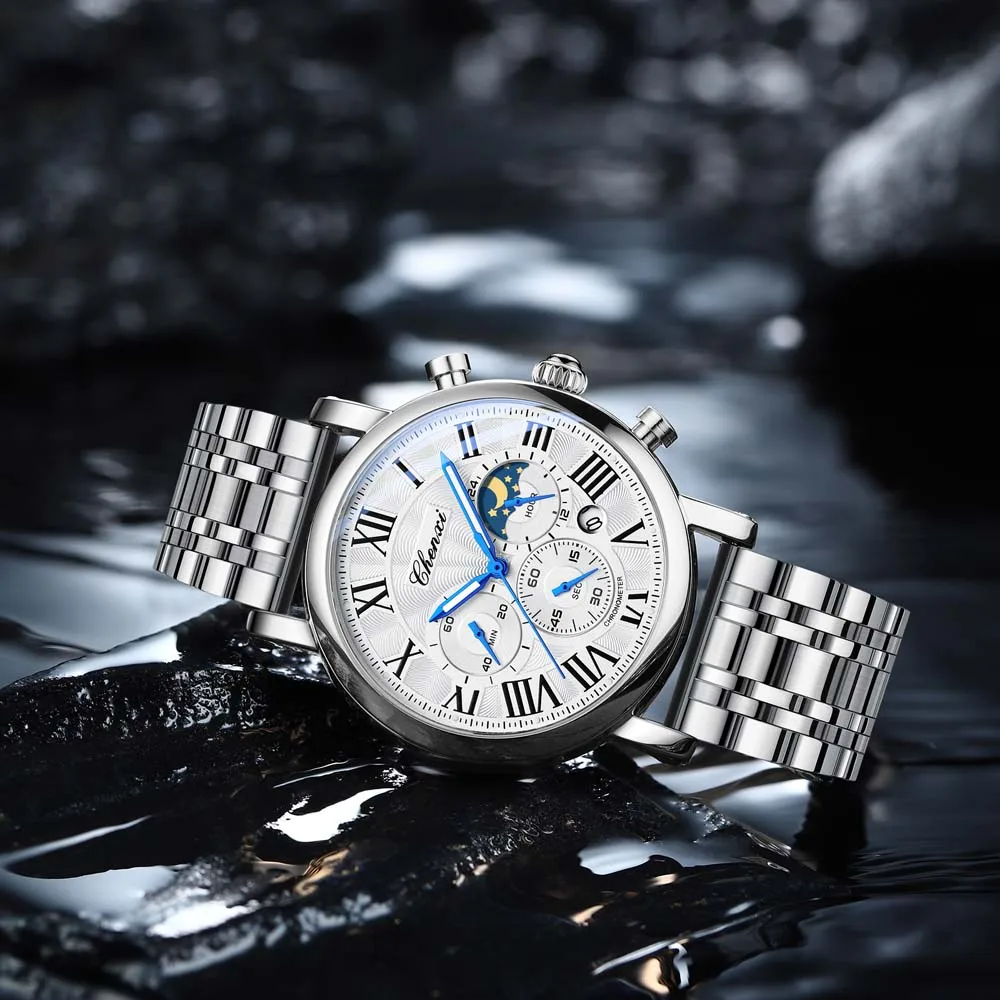 CHENXI Man's Multifunctional Watch Luxury Moon Phase Chronograph Luminous Waterproof Quartz Wristwatch High Quality Man Gifts