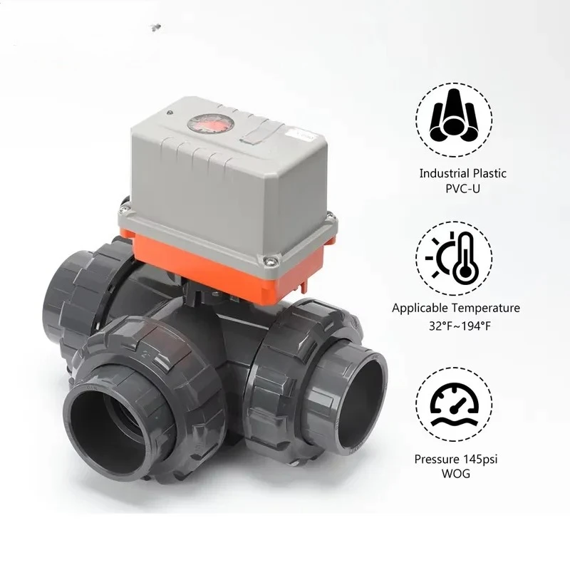 Electric 3 Way Ball Valve UPVC Water Control 1/2 to 2 Inch AC DC Voltage