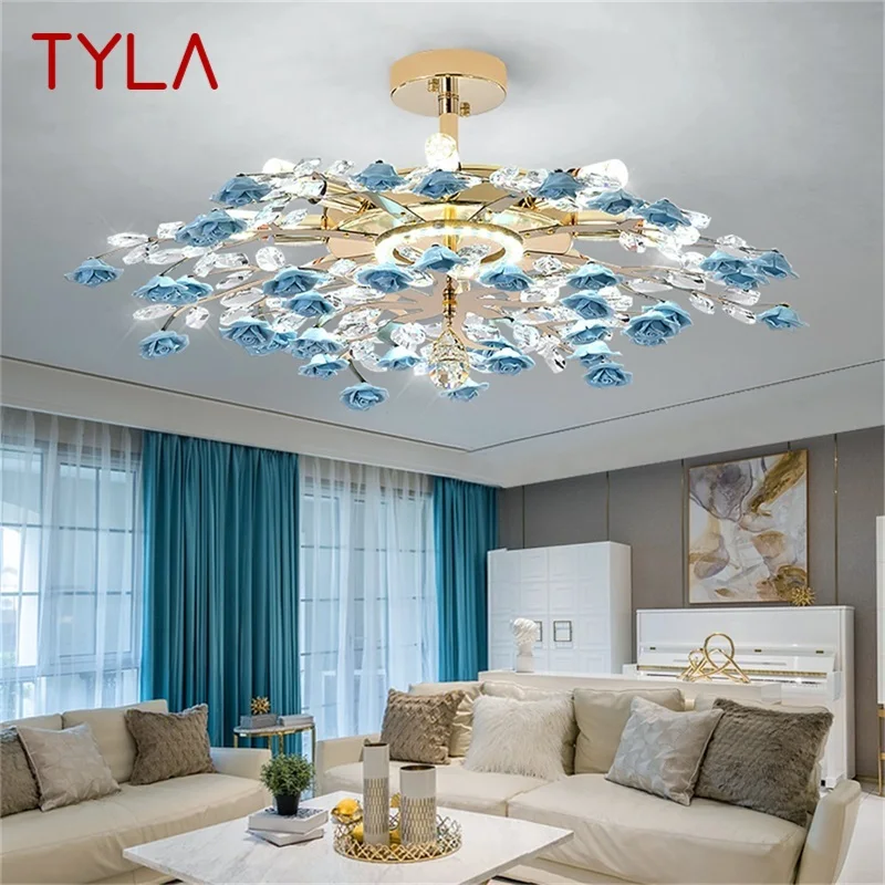 

TYLA Creative Chandeliers Light Crystal Pendant Lamp Blue Flower Branch Home LED Fixture for Living Dining Room