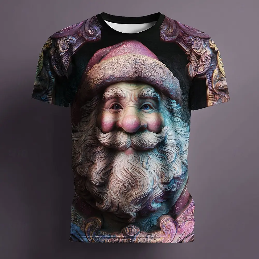 Retro Christmas Element 3D Print Men's T-Shirt Cartoon Santa Claus Pattern Casual O-neck Short Sleeve Street X'mas Party Men Clo