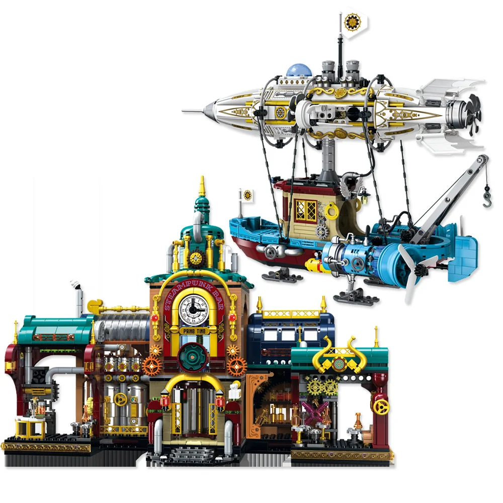 Steampunk Bar Mini Brick Architecture Figure Spacecraft Building Blocks 3D DIY Model Collection Toys For Christmas Gift