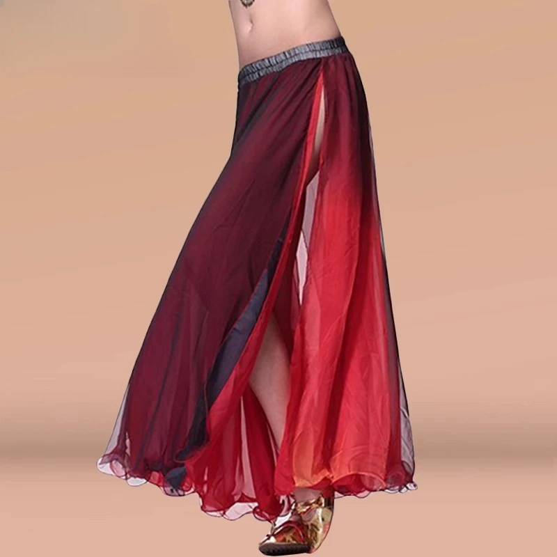 カスタマイズされたベリーダンス衣装グラデーションカラー二層スリットロールエッジスカートベリーカラフルなスリットスカートダンスビッグスイングスカート