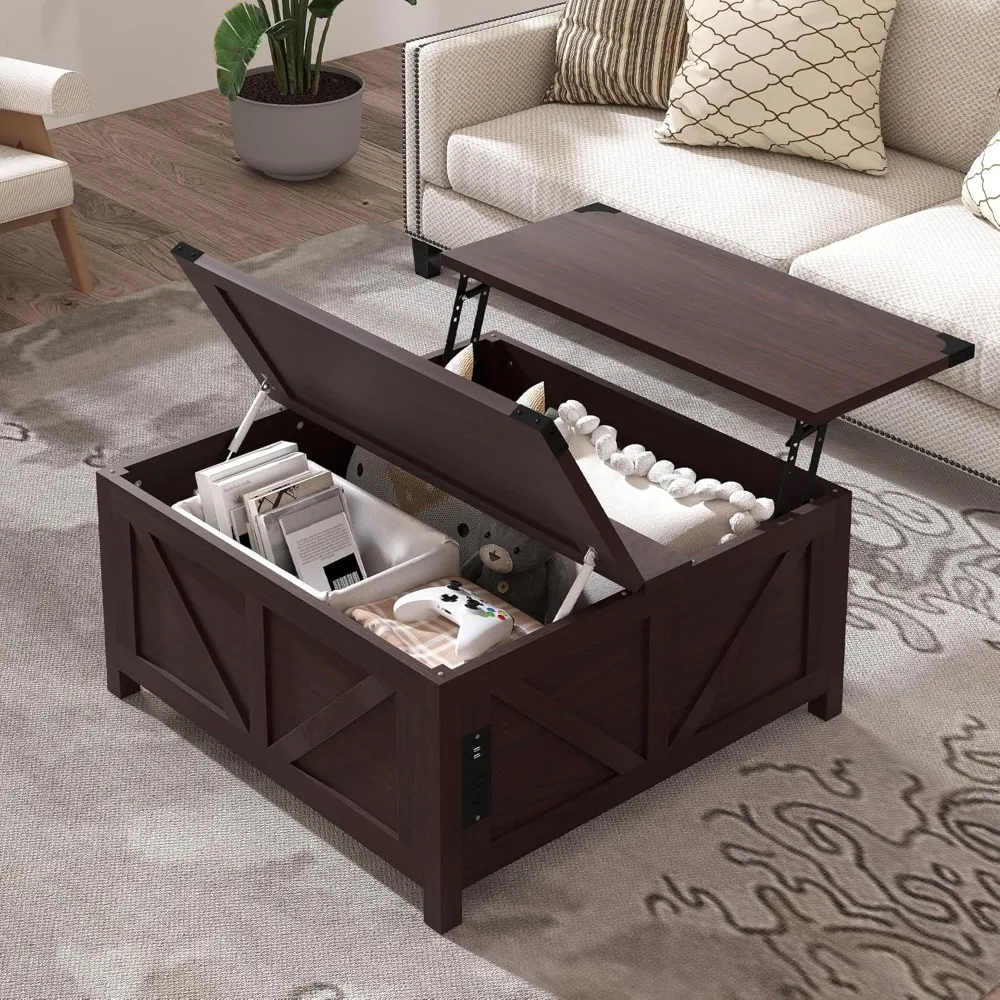 

Farmhouse Coffee Table, 35'' Lift Top Coffee Table with Storage and Large Hidden Storage, Square Coffee Tables with Charging Sta