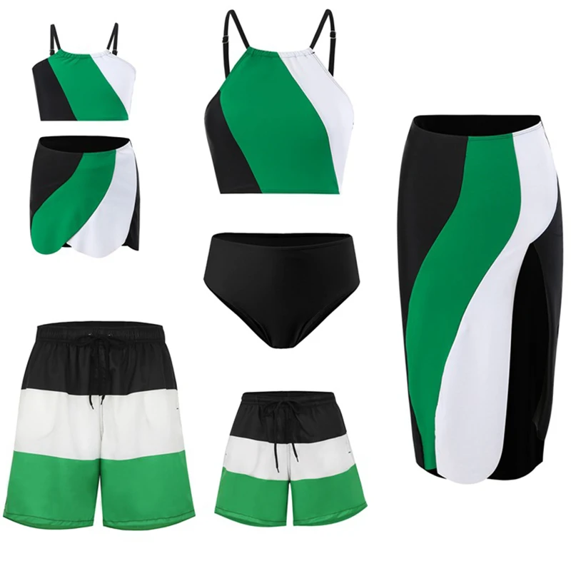 2024 New Summer Family Matching Swimsuit Green Bikini Swimwear Mother and Daughter Kids Family Look Swimming 3PCS