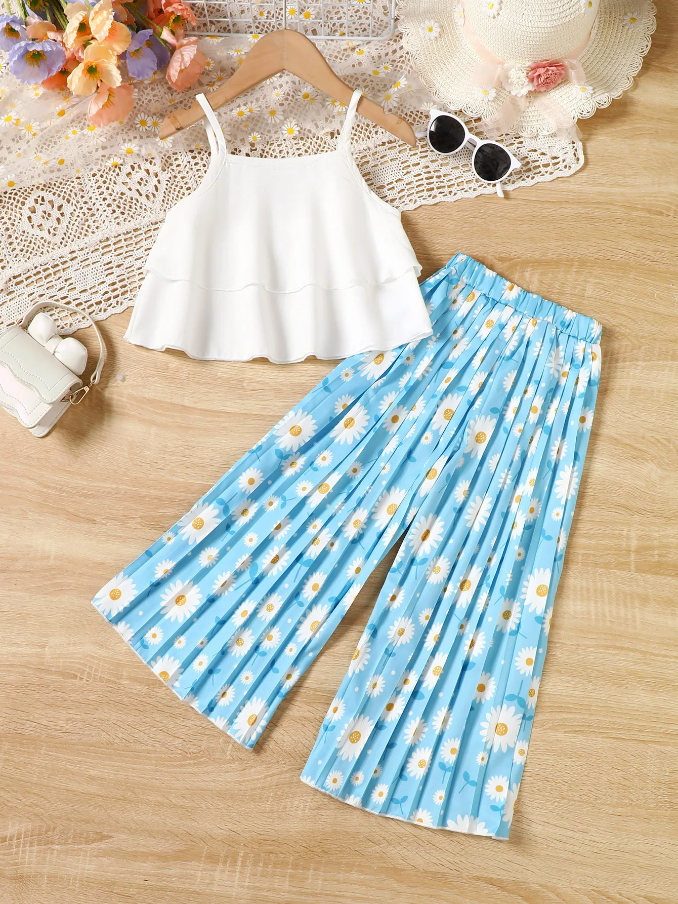 4-7y Girls Fashion Set Pure White Square Collar Small Waistband Elastic Waist Small Daisy Print Loose Pants Fashion Two-PieceSet