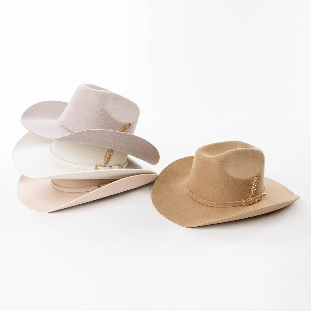 

Модная повседневная шерстяная ковбойская шляпа с металлическими листьями на шнуровке и широкими полями, уличная шерстяная фетровая шляпа Fedora