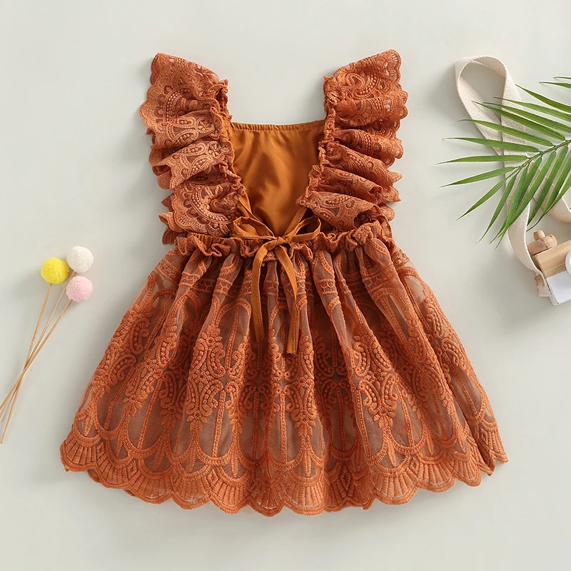 0-24months Baby Girl Summer Lace Romper Dress Ruffle Sleeve Backless Solid Green Pink Brown Bodysuit Dress For Infant Girls