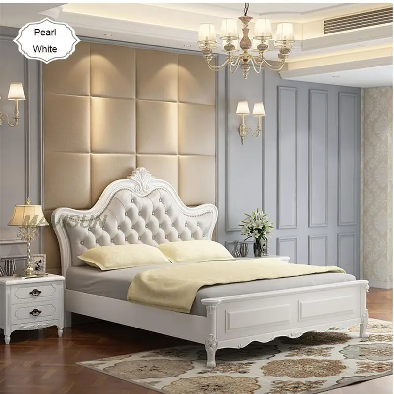 Pearl White Luxury Comfortable Double Wooden Wedding Bed King Queen Size Bedroom Furniture Set Modern Storage Space Custom Color