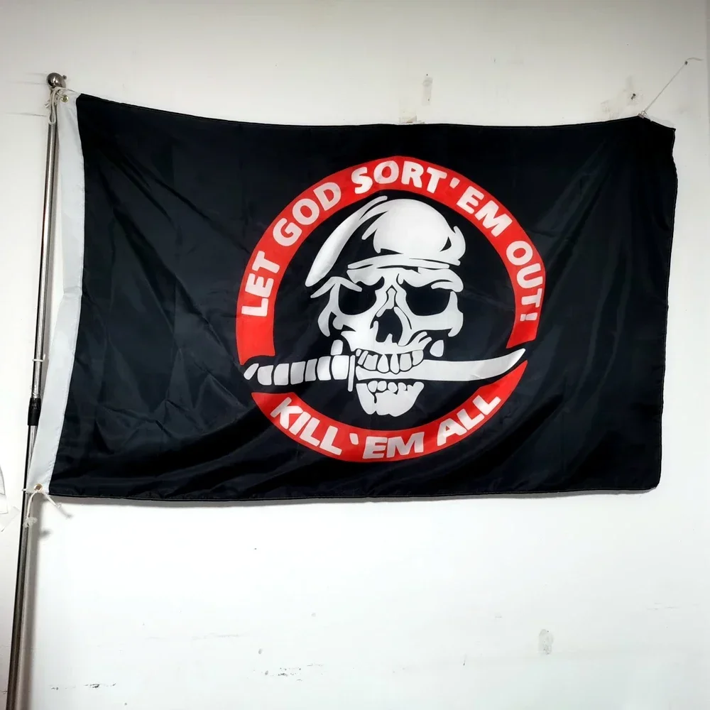 Skull Crossbones Flag Let God Sort Them Out 2x3ft 3x5ft Polyester Gothic Wall Banner For Motorcycle Club Halloween Party Decorv