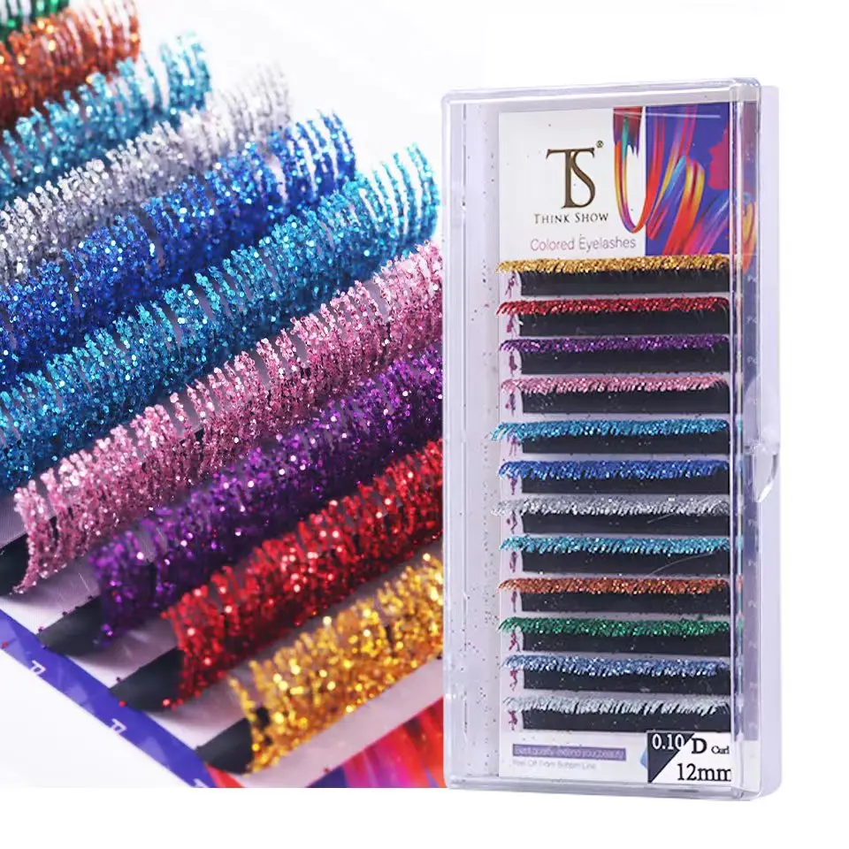 THINKSHOW Mix Glitter Colors Individual Eyelash Extension 0.10mm All Size Shiny Beauty Color Eyelashes for Party Makeup Tool