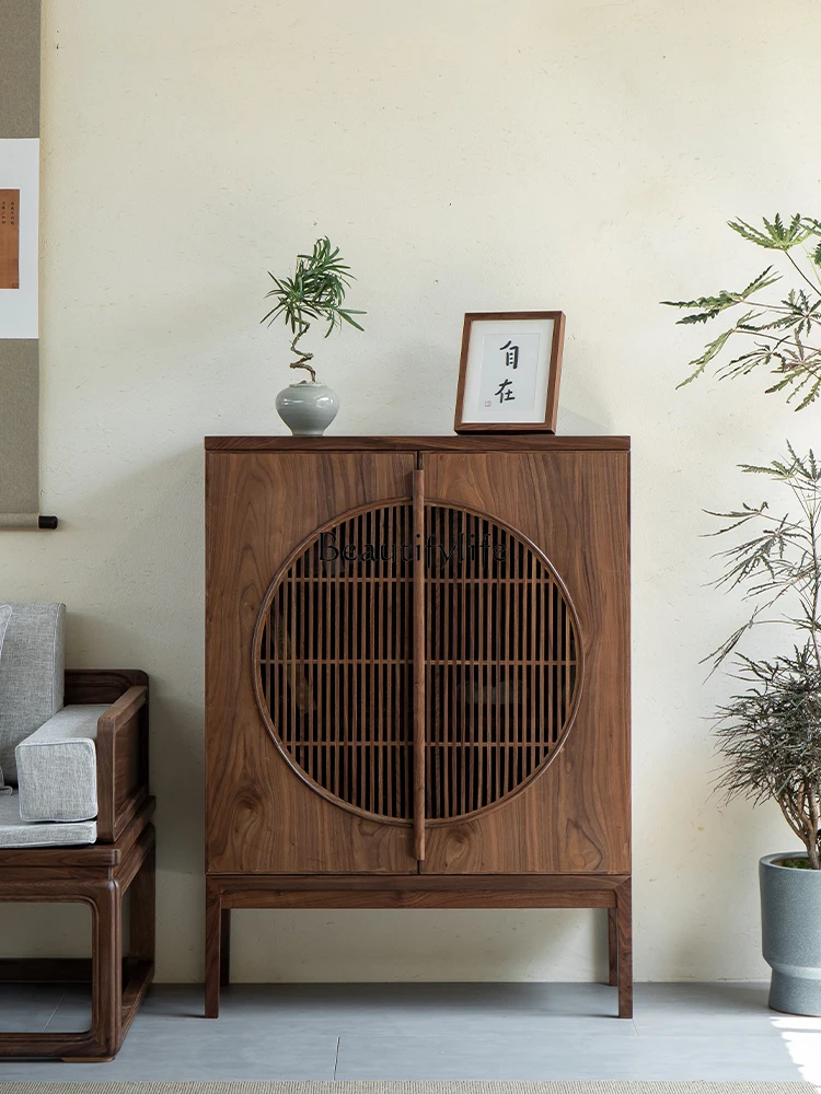 

New Chinese style solid wood dining side cabinet Zen entrance black walnut storage cabinet