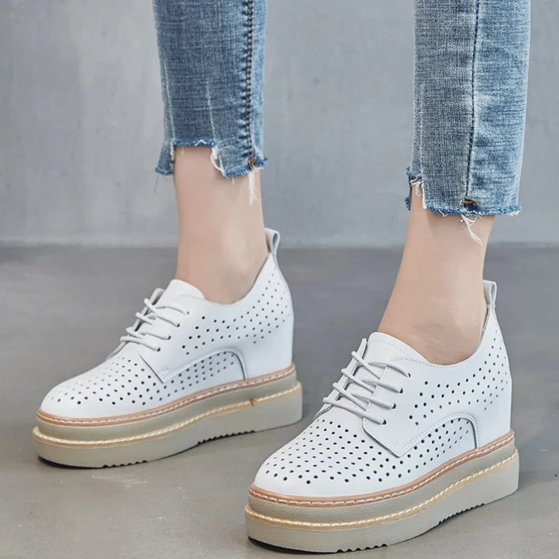 2025 7cm mujeres Natural cuero genuino plataforma zapatillas tacones de cuña goma hueco transpirable verano mujeres zapatos casuales vestido