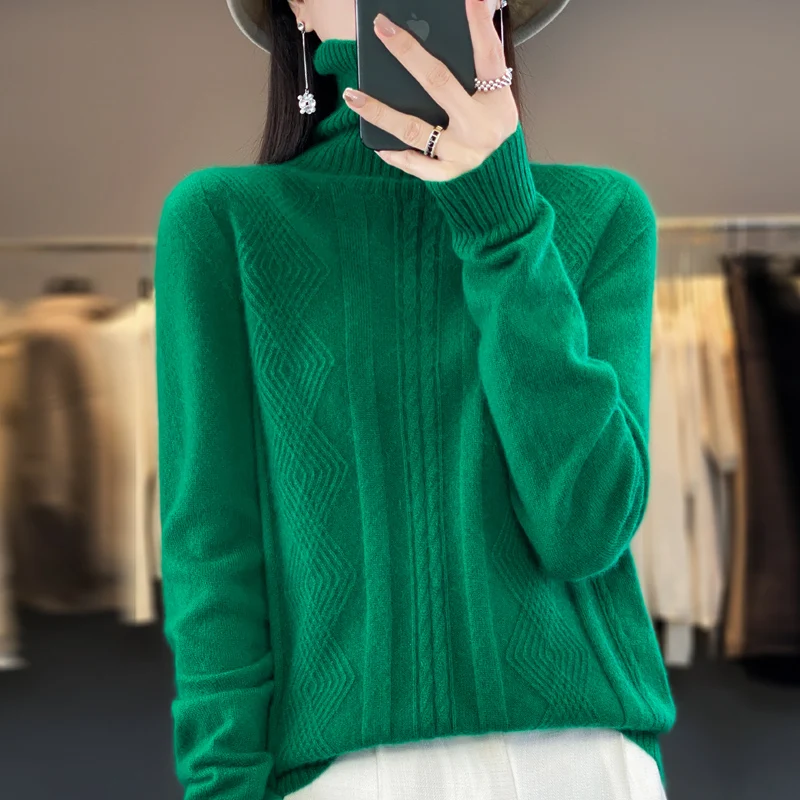 Women 100% Merino Wool Sweater For Winter Turtleneck Thick Warm Pullover Twist Flower Long Sleeve Cashmere Knitwear New Fashion