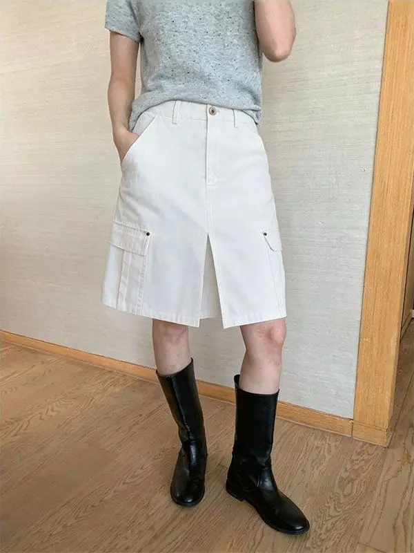 

High Waist A-Line Skirt with Pocket Design Korean Style White Workwear Skirt for Women Spring Summer Slimming Versatile ...