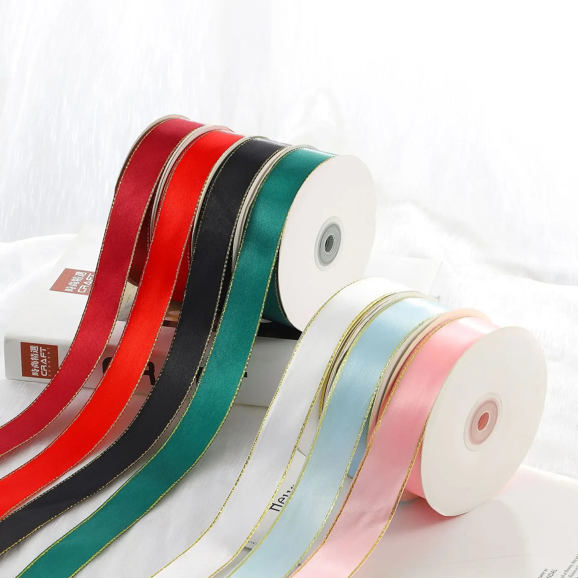 Satin Ribbon with Gold Edges 1Inch X 50 Yards,Ribbon for Gift Wrapping,Crafts,Bows and Flower Bouquet Edge Banding