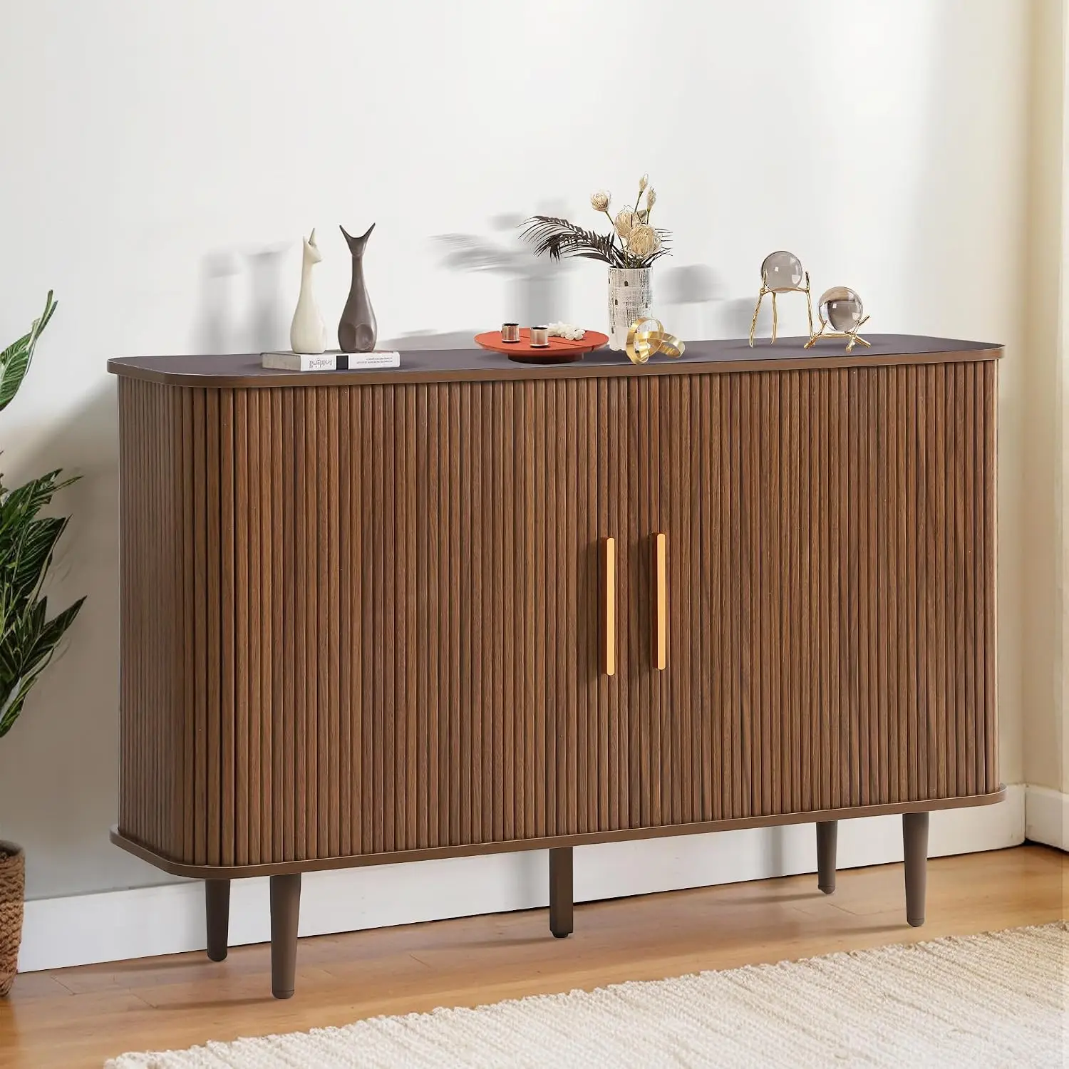 47" Sideboard Buffet Cabinet with Fluted Slide Doors, Tambour Storage Cabinets with Adjustable Shelves
