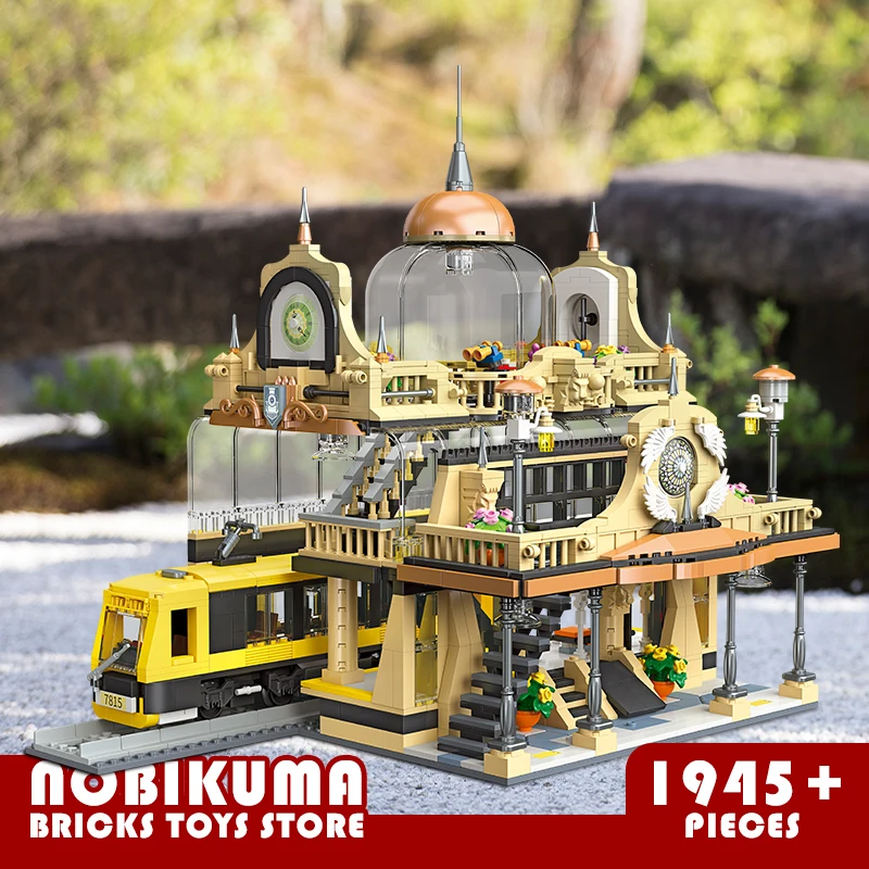 

Gothic Train Station MOC Building Blocks Toys LED City Street View Locomotive Platform Bricks 3D Model Adult Teens Kids DIY Gift