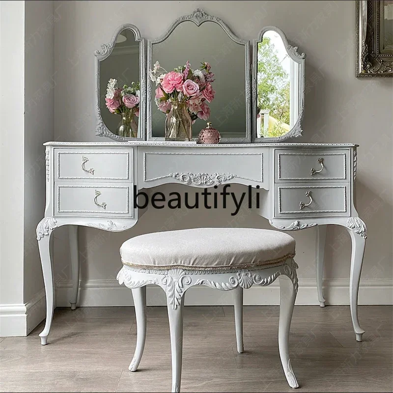 

Nordic French white retro dresser solid wood carving flower makeup table European home