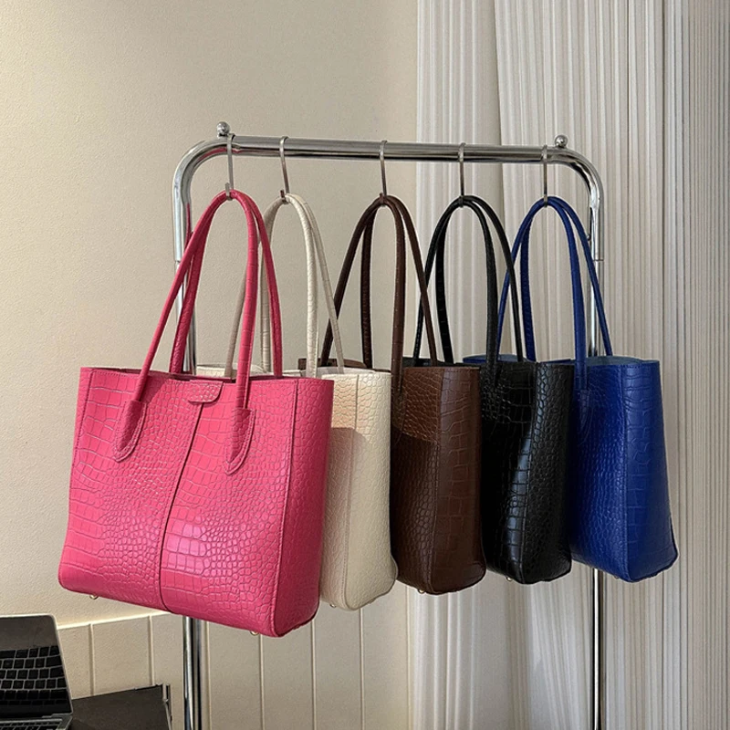 Fashion Crocodile Pattern Large Tote Bag Solid Color Women Shoulder Bags Luxury Pu Leather Lady Handbags Big Shopper Purses 2024