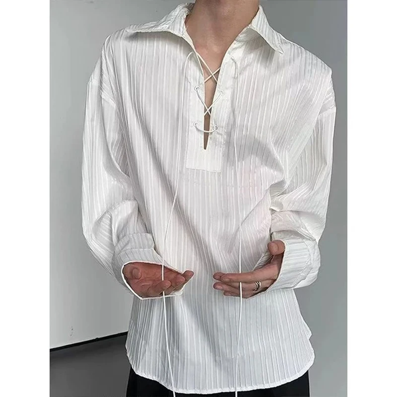 Fall Men Drawstring Long Sleeve Shirt French Palace Style Fashion All-match Business Casual Loose Clothes Blouse White Halloween