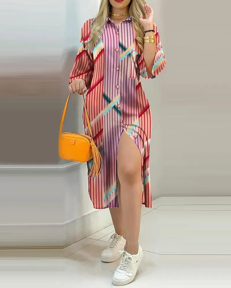 

Women's Striped Printed Collared Split Midi Shirt Dress Light Fabric Half-Sleeves Stylish Casual Dress