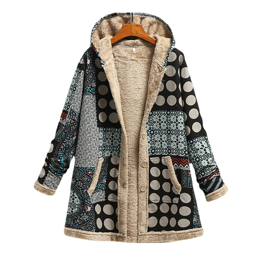 2023 Women's cotton and linen printed hooded sweater with warm plush jacket