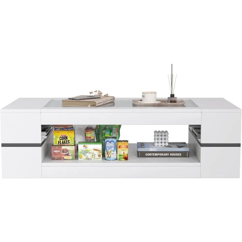 47.2 Modern Stylish Coffee Table with Glass Table Top, Large Living Room Table Rectangular 2-Tier Center Tables with Storage