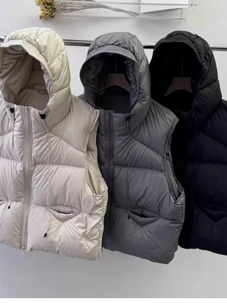 

2025 New White Duck Down Vest Women Autumn Winter Hooded Loose Short Puffer Tank Fashion Y2k Solid Color Warm Jacket Outer Wear