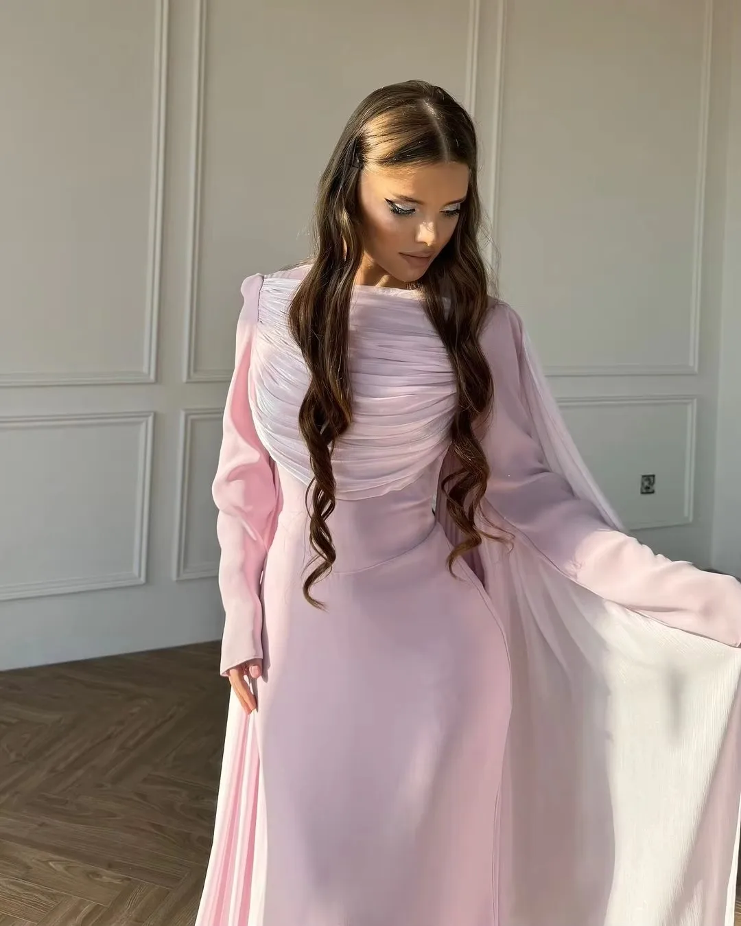 Women Formal Dresses Luxury Chiffon Cape Sleeves Evening Gown Round Neck Pleated Slim Long Maxi Dress Wedding Party Prom Dresses