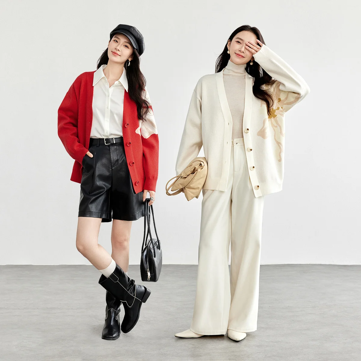 เสื้อคาร์ดิแกนถัก SENTUBILA สำหรับผู้หญิง คอวีหลวมๆ ลายแจ็คการ์ด แขนยาว แฟชั่นฤดูใบไม้ร่วง 2025 เสื้อผ้าลำลองสำหรับผู้หญิง W51H58098