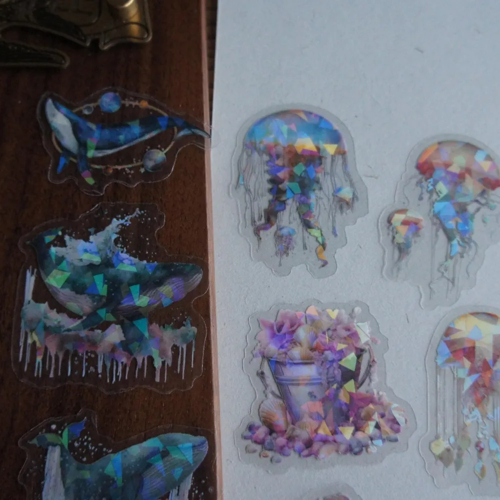 

28pcs Laser Diamond Pattern Ocean Jellyfish Whale Shells Seahorse Style PVC Sticker Scrapbooking DIY Gift Packing Decoration Tag