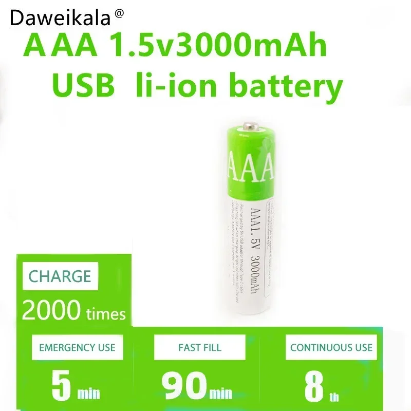 New2024 USB AAA Rechargeable Batteries 1.5V 3000 mAh li-ion battery for remote control mouseElectric toy battery + Type-C Cable