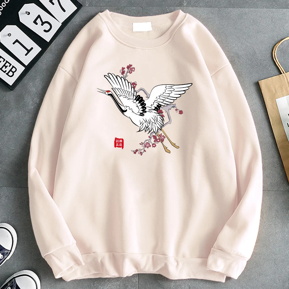 Chinese Style Hoodies Crane Plum Blossom Print Men's Hoodie Harajuku Punk Hoody With O-Neck Casual Streetwear Pop Men Clothing