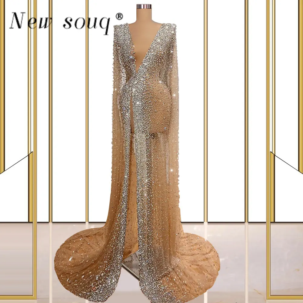 

Dubai Arabic Champagne Luxury Heavy Beading Mermaid Evening Dresses with Long Wrap Sexy High Silt Deep V Neck Girls Party Gowns