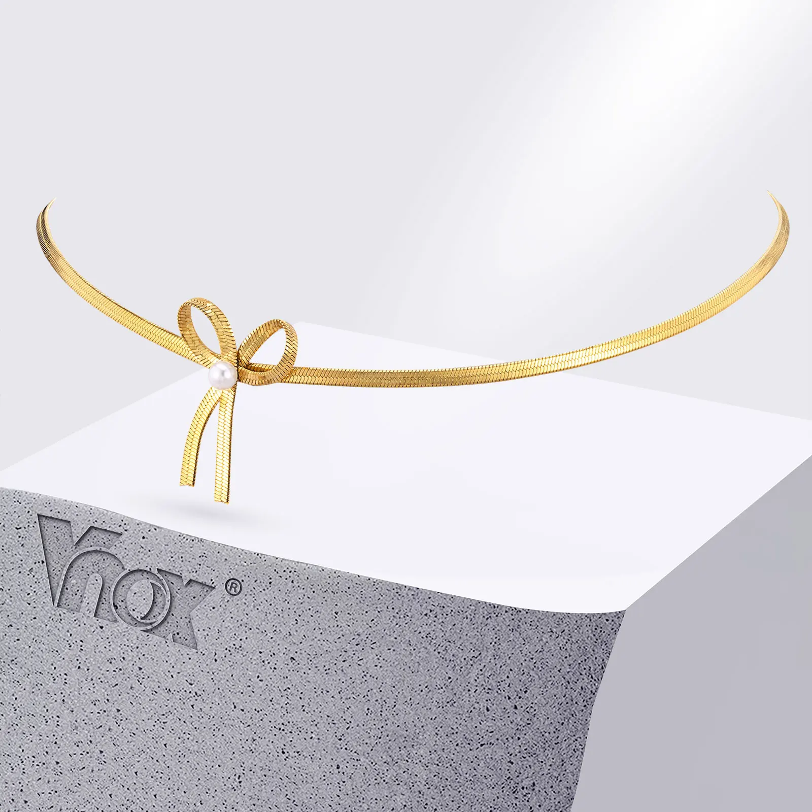 Vnox Girls Herringbone Chain Choker, Girls Bowknot Charm Pendant, Fashion Flat Snake Chain Collar