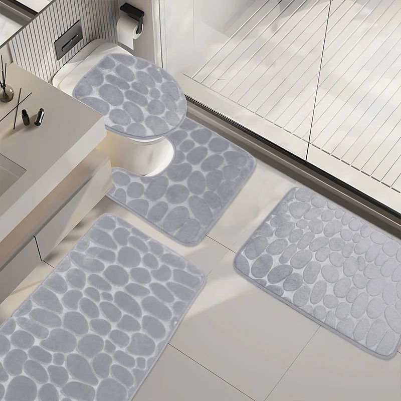 4Pcs/Set Cobblestone Embossing Absorbs Water Bath Mat Doormat,Non-slip Floor Mat Washable Carpet,Soft Comfortable Shower Room