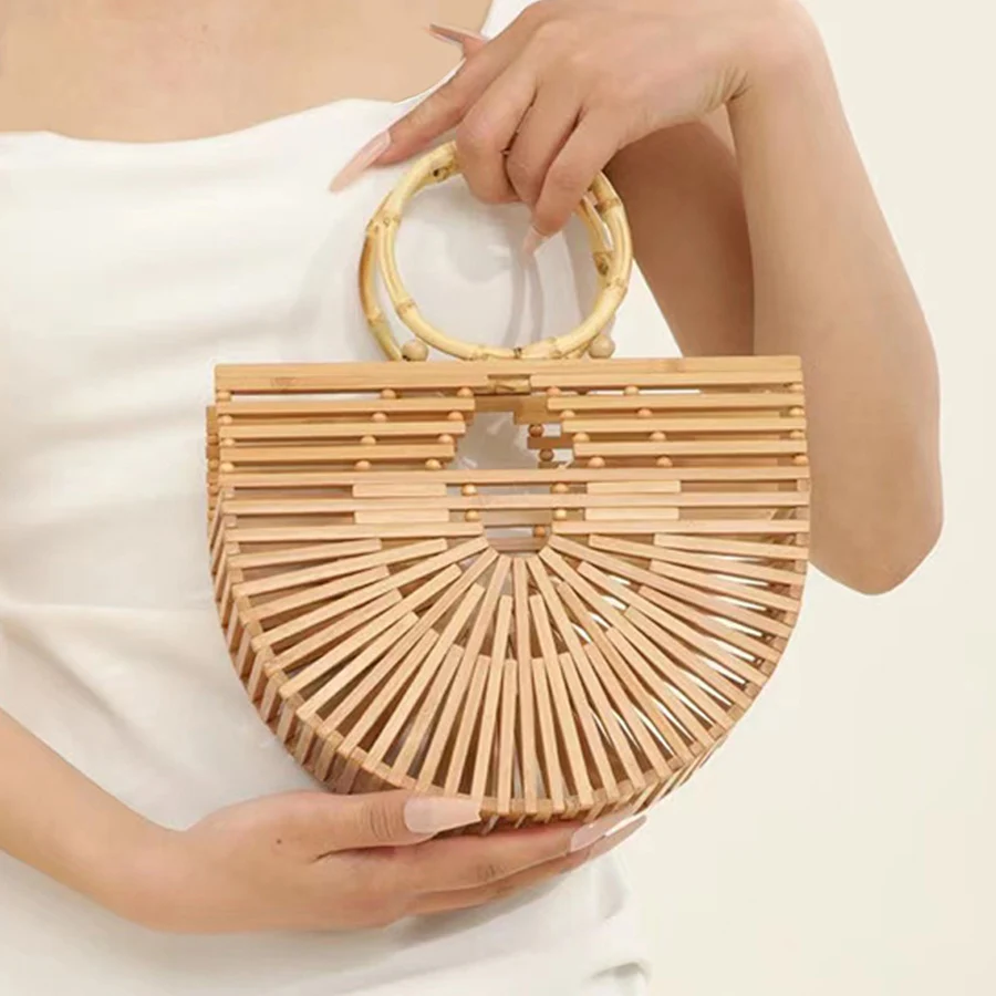 Vintage Half Round Bamboo Beach Handbags Women 2023 Summer Hollow Out Round Acrylic Handle Woven Straw Bags High Quality Holiday