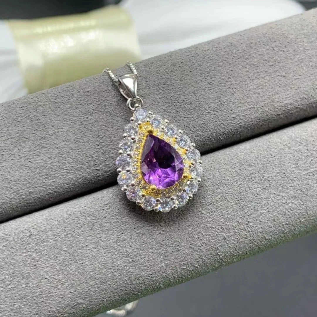 Natural Water Drop shaped Amethyst Femal's Pendant 925 Pure Silver Inlay Luxury Fashion Necklace Pendant Birthday Party Gift