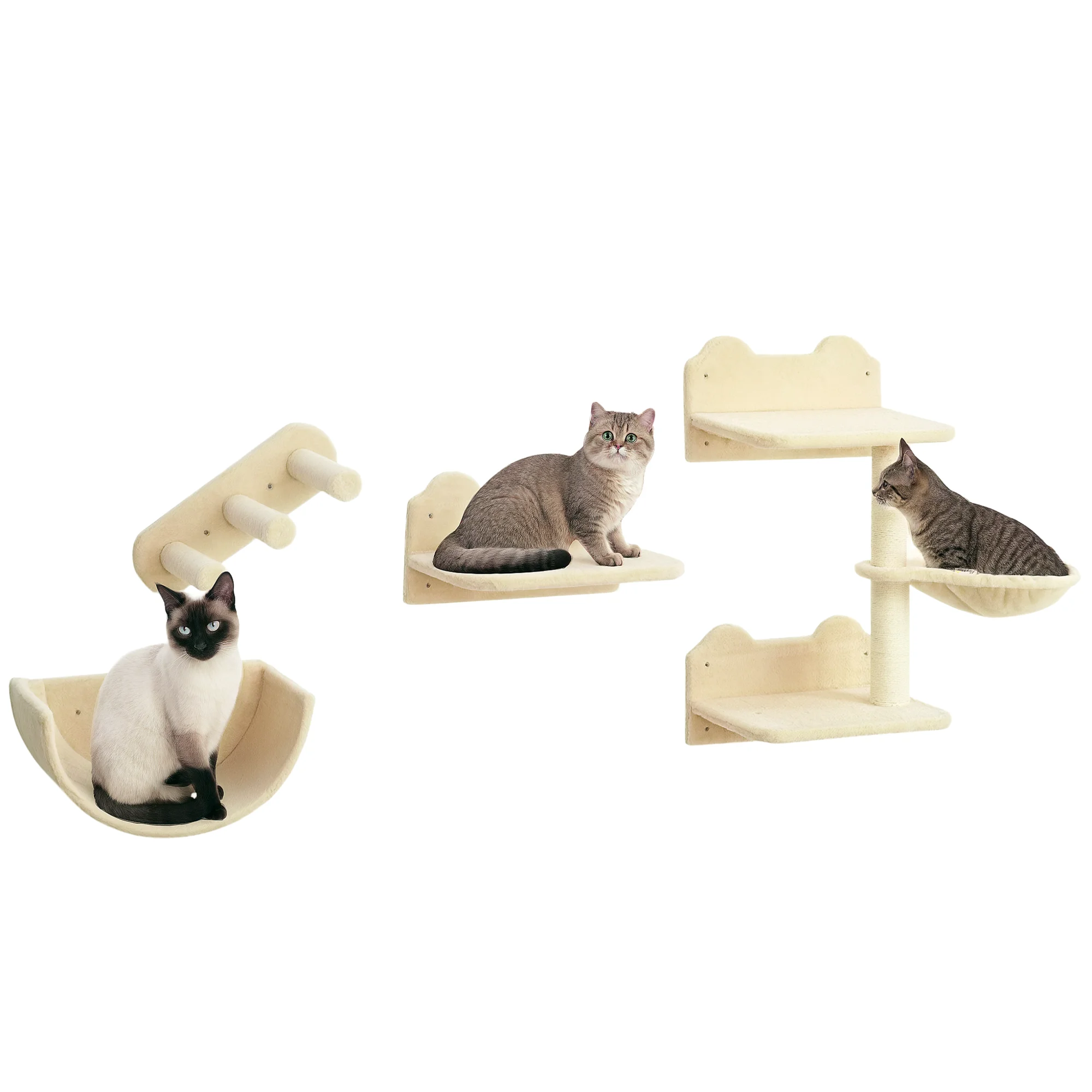 Pawhut Wandklimrek voor katten, 4-delig, met hangmat, nest en springplanken, beige